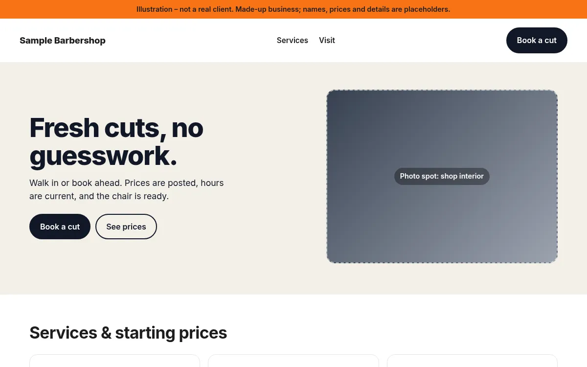 After illustration: a clean made-up barbershop page with a Book button and a services and starting prices section.
