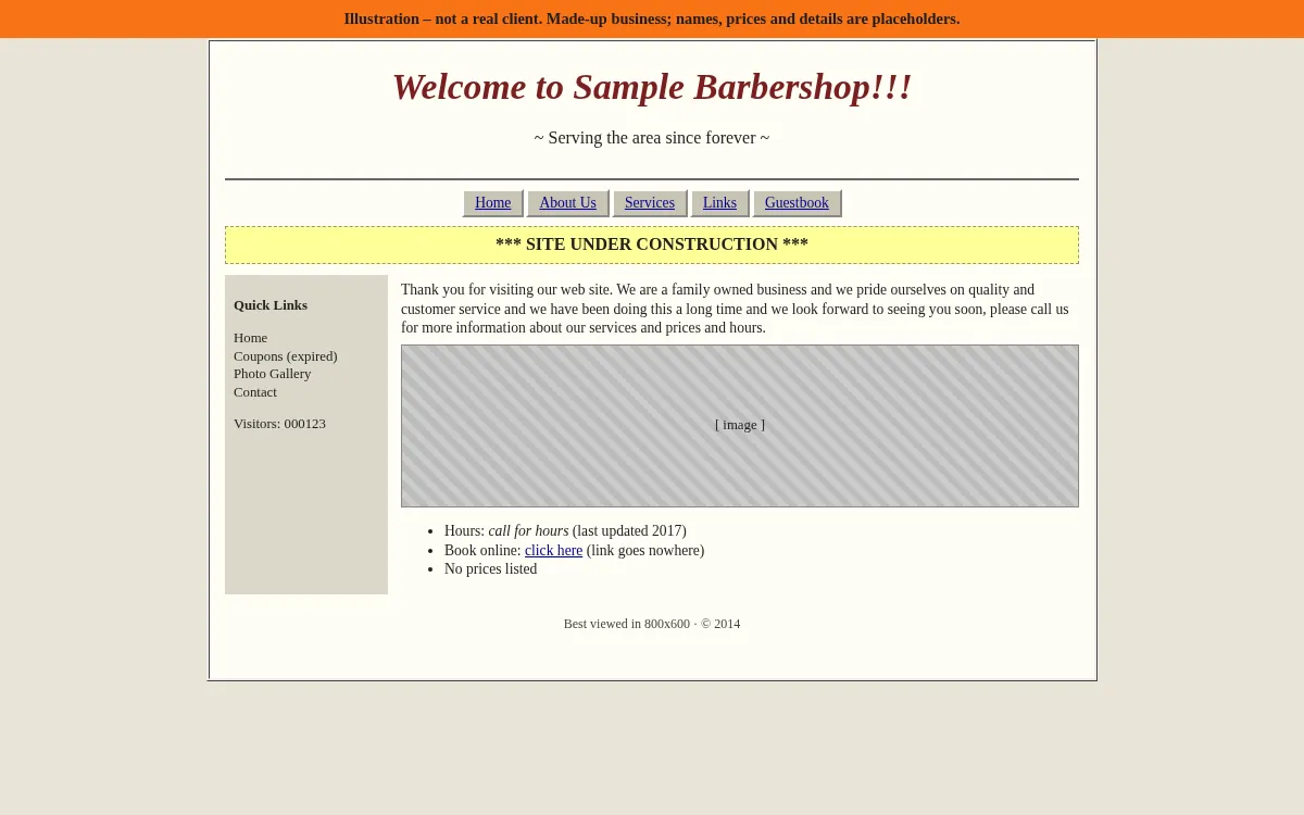 Before illustration: a dated made-up barbershop page with an under-construction banner, no hours and a booking link that goes nowhere.