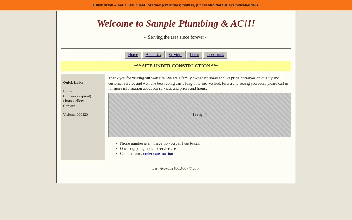 Before illustration: a dated made-up plumbing page with a wall of text and no call button.